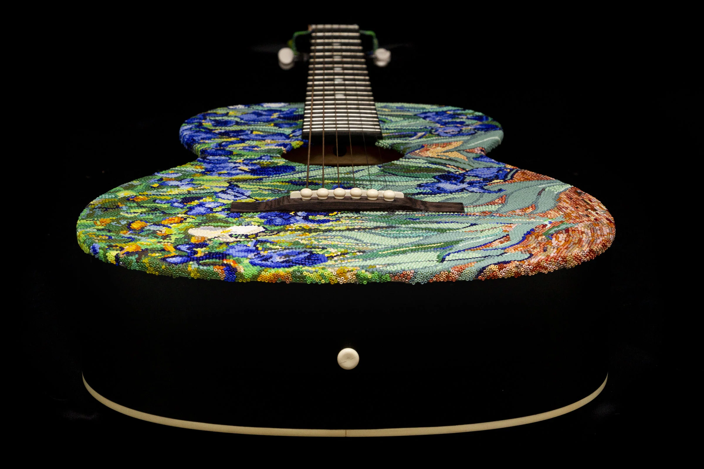 Van Gogh 'Irises' tribute beaded on acoustic 'parlor' guitar